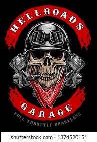 Skull Biker With Piston And Red Bandana, Motorcycle Club Logo Vector