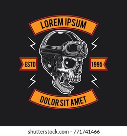 Skull biker wearing helmet badge. Skull biker patch