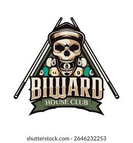 Skull Billiard or Pool room Retro Style Logo Design Illustration Vector