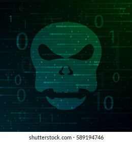 Skull of binary code.Background(green-blue,colorful,big figures) 