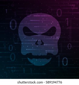 Skull of binary code.Background(purple-blue,colorful,big figures) 