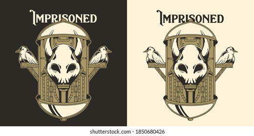 Skull And Bird in Cage Cyber and Cable Monochrome Vintage Isolated Vector Illustration Apparel