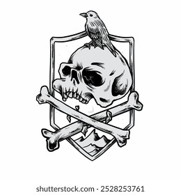 Vector de dibujos animados de cráneo y pájaro