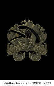 Skull bird with hat with ornament artwork illustration