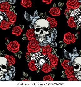 Skull, birds, clock, cards and red roses. Hand drawn vector illustration. Seamless pattern with tattoo style art