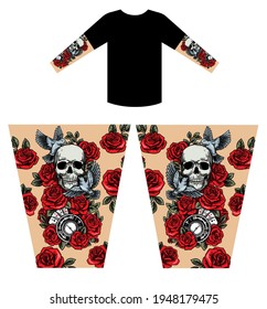 Skull, birds and red roses tattoo. Sweetshot slleeves template