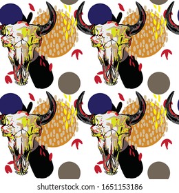 Skull of a bison. Stylish multicolored print pattern with abstract background. Stains. points. Modern Scandinavian style.