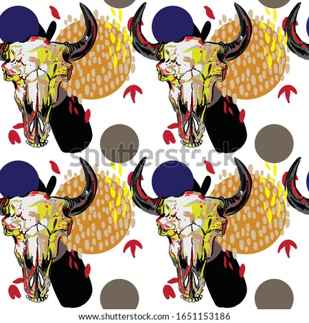 Skull of a bison. Stylish multicolored print pattern with abstract background. Stains. points. Modern Scandinavian style.