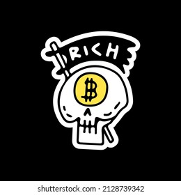 Skull with bitcoin eyes and flag, illustration for t-shirt, sticker, or apparel merchandise. With doodle, retro, and cartoon style.