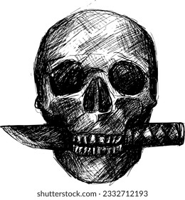 Skull bite knife tanto bayonet digital illustration vector painting realist scribble hatching black and white