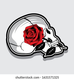 a skull bite a red rose black outline with light gray background
