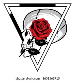 A skull bite a red rose with triangle black and white on white background