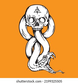 Skull bite snake halloween illustration, horror bone, scary dead human, cartoon design, isolated drawing, evil graphic for t-shirt, artwork for shirt, creepy art, editable eps