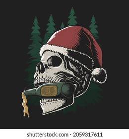 botella de cerveza mordaz de cráneo alegre navidad ilustración vectorial para su empresa o marca