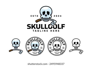 skull biting golf stick logo design for golfer and tournament.  golf club professional with skull and stick putter sign symbol modern logo. set of golf sport emblem badge logo illustration