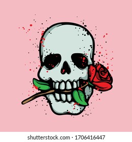 Skull biting a red rose. Emblem vector concept. Human skull with beautiful flower. Illustration isolated on pink background