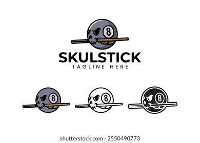 crânio preto bola bilhar mordidas vara meteor logotipo design. cabeça bola de piscina crânio com cue stick design elemento moderno. grim caveira bola snooker logotipo ilustração para bilhar clube de esporte e torneio