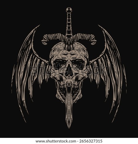 Skull with black bat wings for death day. Sword. Halloween