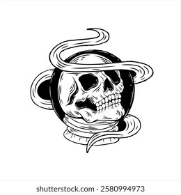 Skull in black bulb. Vector illustration. Monochrome hand drawn style