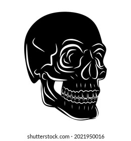 Skull black, cartoon isolated on white background, vector illustration for design and decor, Halloween, sticker, template