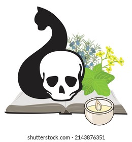 skull, black cat and herbs, vector