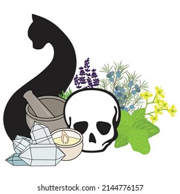 skull, black cat and herbs, vector
