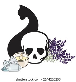cráneo, gato negro y lavanda, vector
