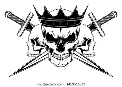 Skull in a black crown with swords and skulls. Vector image on white background.