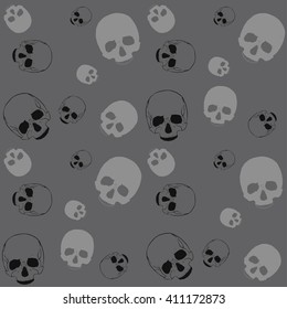 Skull - black and grey pattern. Vector dark horror textile background.