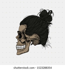 Skull with black hair wrapped in a bun. Stylish men's hairstyle, profile view. Picture for halloween, barbershop and clothes.