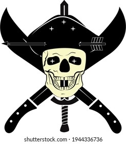 Skull in a black hat with a pierced head with an arrow