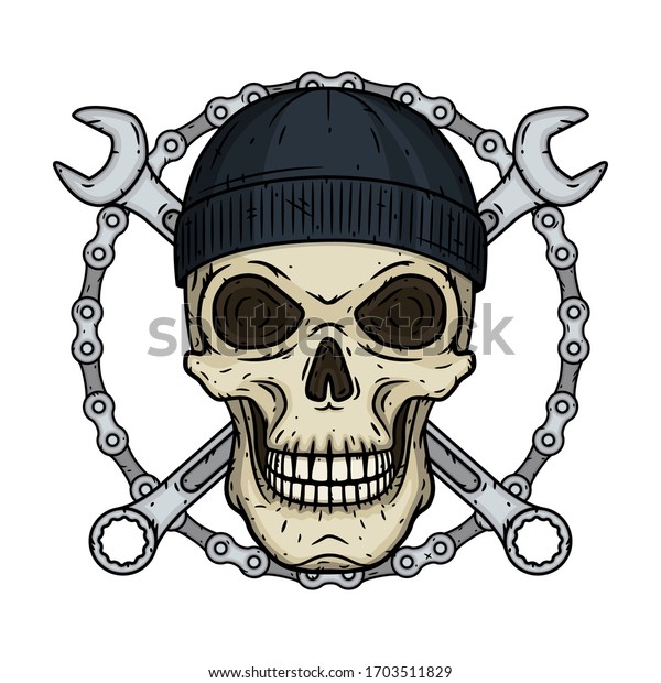 Skull in black hat with wrenche. Vector skull\
with spanner