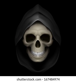 Skull In Black Hood As Image Of Death. Grim Reaper. 