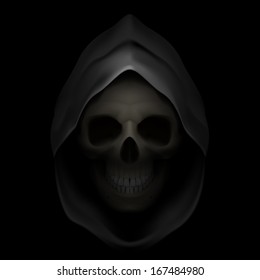 Skull in black hood as image of death. Grim Reaper. 