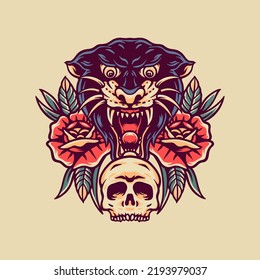 Skull And Black Panther Retro Illustration For Merchandise