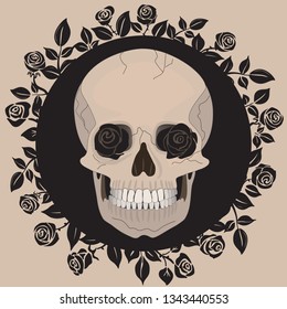 Skull with black roses. Black romance. Gothic style. Print on clothes.