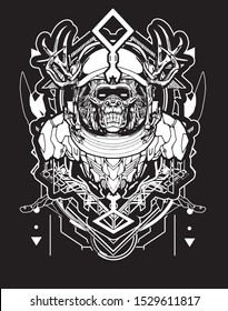 skull black samurai white with sacred geometry background