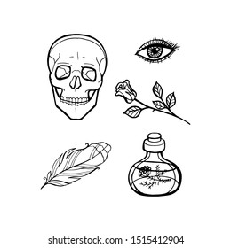 Skull black stickers on white background. Halloween line set. Vector pins and patches collection
