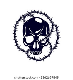 Skull with blackthorn vintage classic style tattoo vector, dead head suffering martyr theme.