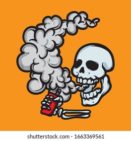 Skull blows steam from an electronic cigarette. Vector cartoon illustration