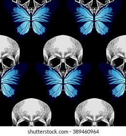 Skull and blue butterfly on black background. Vector seamless pattern