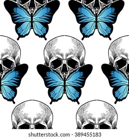 Skull and blue butterfly. Vector seamless pattern