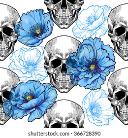 Skull and blue poppies .Vector seamless pattern