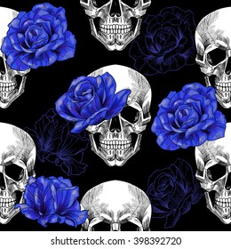 Skull and blue roses on black background .Vector seamless pattern