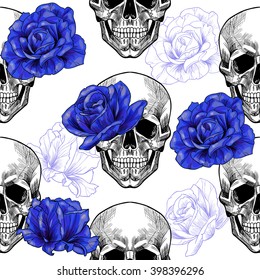 Skull and blue roses .Vector seamless pattern
