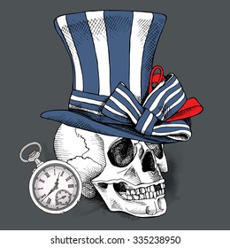 Skull in a blue striped steampunk top hat and with watch. Vector illustration.