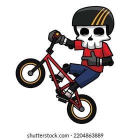 Skull BMX Rider Wears a Helmet And Pads On Knees And Elbows Doing a Wheelie. Skull Cartoon Illustration.