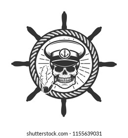 Skull In Boat Captain Hat. Design Element For Logo, Label, Emblem, Sign.Vector Illustration