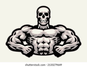 Skull Bodybuilder Mascot Flexing His Muscle