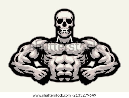 Skull Bodybuilder Mascot Flexing His Muscle